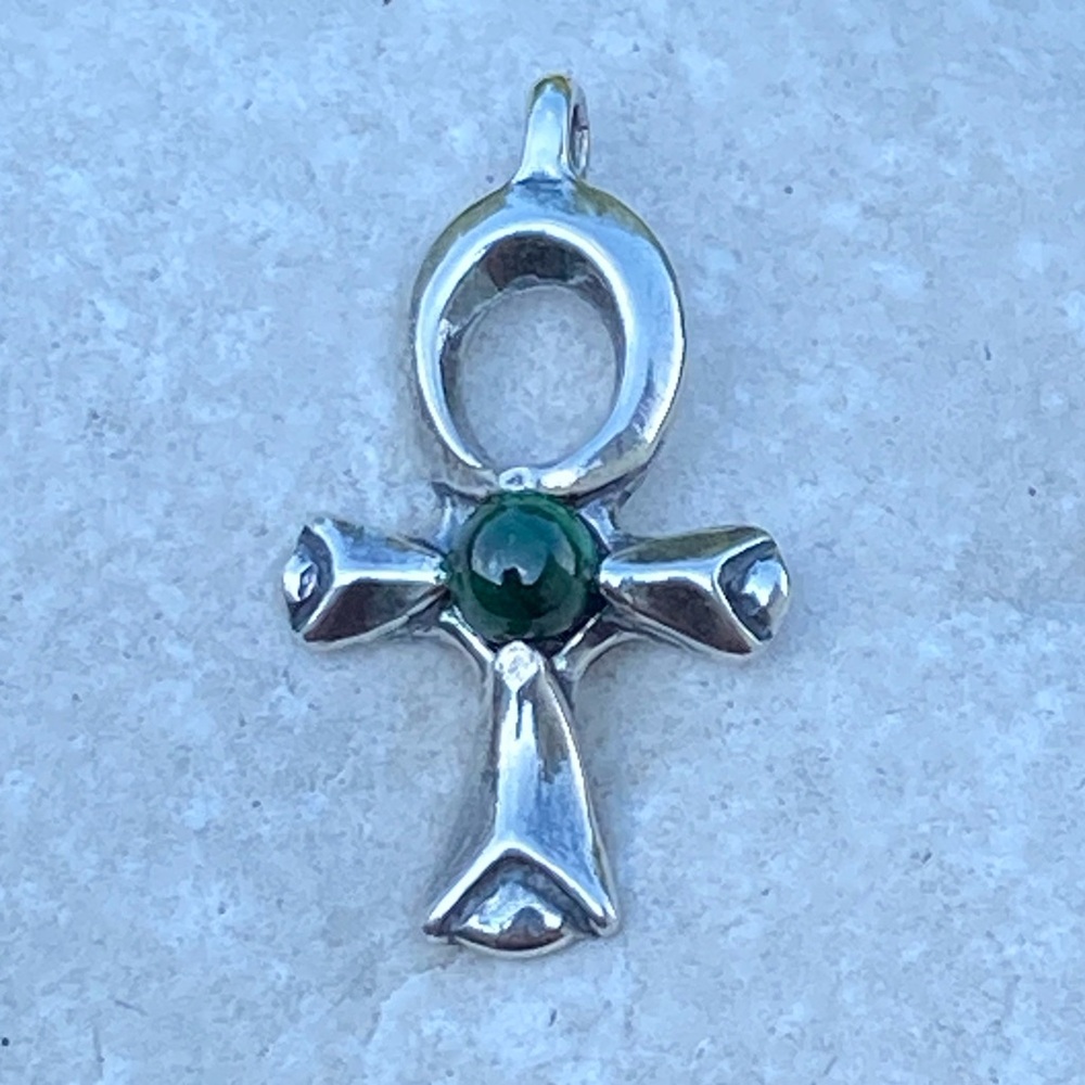 Ankh pendant .925 Sterling Silver with genuine malachite made in USA